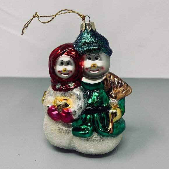 Christopher Radko Snowman Couple Glass Ornament Hand‑Painted Glitter Holiday 5" - Picture 1 of 8